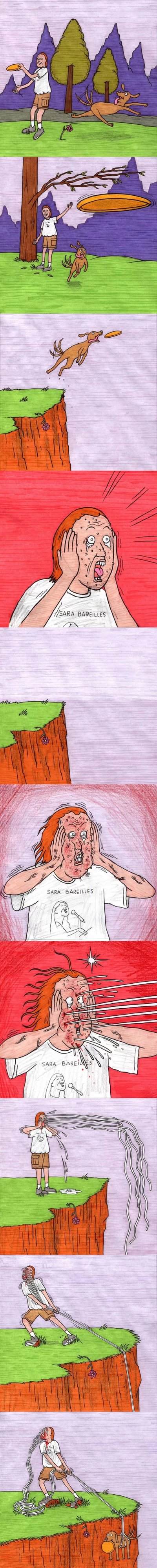这是一组竖版手绘连环漫画，共8个 panels 讲述了一个惊险又搞笑的故事：男孩在公园扔飞盘，狗兴奋追逐，却不慎冲下悬崖。男孩先是震惊捂嘴（第三 panel 红底凸显惊恐），接着双手抱头崩溃大喊（第四、五 panel 表情夸张，背景有放射状线条增强情绪），随后急中生智用绳子下崖救援，最终成功将狗拉回崖边。画风稚嫩但表现力强，人物表情从平静到惊恐再到释然，情节跌宕起伏。