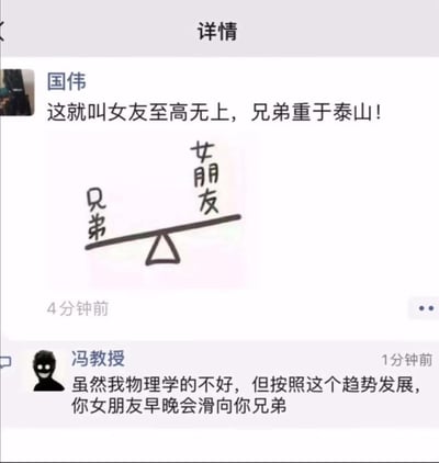 本图为社交平台上的截图梗图，上半部分用一句话和简单的杠杆示意图调侃了男生朋友圈中“女朋友地位至高，兄弟分量极重”的矛盾心理。下方评论区网友以物理知识为基础巧妙反驳，用‘滑向兄弟’的说法制造出幽默双关和暗示，整体氛围轻松搞笑。

其中‘女朋友早晚会滑向你兄弟’构成幽默双关，暗示恋爱关系容易出现“兄弟抢女友”情节，但并不涉及低俗内容。