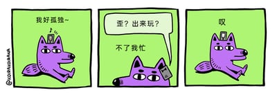 这是一组由三格画面组成的连环卡通图，主角是一只紫色的拟人化小狼。第一格画面中，小狼躺着，头顶的手机传来提示音，它一脸惆怅地说着“我好孤独~”，直白地表现出内心的寂寞感；第二格画面切换视角，小狼的手机被放在一旁，收到了来自他人的邀约消息“歪？出来玩？”，但小狼却回复“不了我忙”，展现出与内心需求相悖的行动；第三格画面回到小狼躺着的场景，它头顶的手机没有新消息，它发出一声“叹”，重新陷入孤独的情绪中。这组图精准捕捉到了部分社恐人群或内向者的矛盾日常：内心渴望陪伴、摆脱孤独，但当真正有人邀约时，却会下意识地拒绝，之后又会因孤独而懊恼，这种口是心非的状态引发了很多人的共鸣。