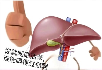 这是一张带有搞笑吐槽性质的创意图片，创作者将人体重要器官肝脏进行拟人化处理，为其添加了类似人类的手臂：一只手臂竖起中指，另一只手摊开，呈现出无奈又抱怨的姿态。图片搭配文字“你就喝吧活爹，谁能喝得过你啊”，用带有讽刺和无奈的语气，吐槽那些过度饮酒的人，以幽默戏谑的方式，暗指过度饮酒会对肝脏造成严重负担，本质是用轻松的形式传递健康提醒，呼吁人们减少饮酒、保护肝脏。