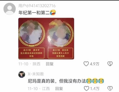 这是一张社交平台评论区截图，顶部用户发布的内容配文为“年纪第一和第二”，搭配哭笑表情，配图是两张红色背景、带有金色麦穗边框的奖状样式卡片，卡片上的人物头像均做了马赛克处理。两张奖状都属于高三7班，左侧属于夏天宇，下方文字为“我大概会永远记住你的牢伟”；右侧属于彭伦伟，下方文字为“没能让夏大人尽兴 我很抱歉”。该条内容发布于11月10日，定位陕西，获赞4.9万。下方有另一位用户回复“尼玛是真的装，但我没有办法”，搭配三个流泪表情，该回复发布于11月10日，定位江西，获赞1.4万。整体内容调侃了高中年级排名靠前的两名学生的中二趣味互动，充满搞笑感。