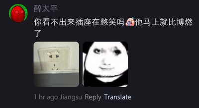 社交媒体用户“醉太平”发布的评论截图，包含两张图片：左侧为形似憋笑表情的插座照片，右侧为经典熊猫头憋笑表情包。配文“你看不出来插座在憋笑吗😭他马上就比博燃了”，通过将插座拟人化，结合“比博燃”网络热词制造幽默效果。