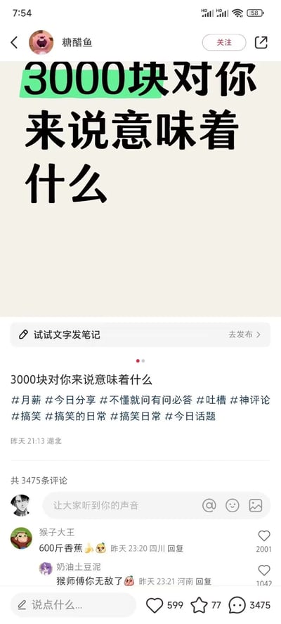 这是一张社交媒体平台的截图，用户“糖醋鱼”发布了一条话题笔记，提问“3000块对你来说意味着什么”，并附带了#月薪 #今日分享 #不懂就问有问必答 #吐槽 #神评论 #搞笑 #搞笑的日常 #搞笑日常 #今日话题 等话题标签，发布时间为昨天21:13，地点显示湖北。笔记下方的评论区里，用户“猴子大王”以“600斤香蕉🍌🥴”回复该话题，获得了2001个赞，成为高赞评论；用户“奶油土豆泥”回复“猴子大王”称“猴师傅你无敌了🥵”，获得1042个赞。该笔记目前共有3475条评论，引发了网友对3000元价值的趣味讨论。