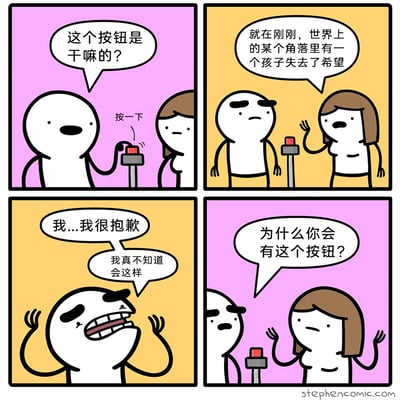 这是一幅四格黑色幽默卡通漫画，完整剧情如下：第一格中，白色卡通小人好奇地向棕色卡通小人询问面前红色按钮的用途，随后直接按下了按钮；第二格中，棕色小人平静地告知白色小人，按下这个按钮会导致世界某个角落的一个孩子失去希望；第三格中，白色小人得知这一后果后瞬间崩溃，满脸愧疚地道歉，称自己完全不知道会引发这样的结果；第四格中，回过神的白色小人转而质问棕色小人，为什么会存在这样一个毫无意义又会带来伤害的按钮，剧情充满荒诞的讽刺感。