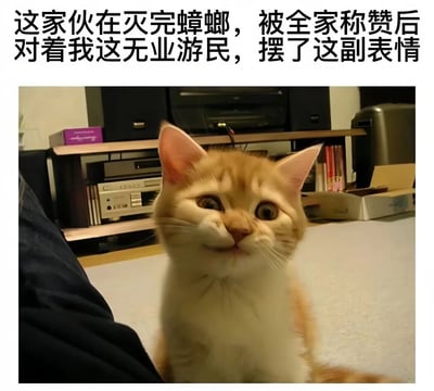 这是一张经过P图改编的文字加注类趣味梗图，图中的橘色猫咪脸部被修改，呈现出怪异的嘲讽、傲娇表情，眼睛瞪大且脸部扭曲，看起来略带欠揍感。图片上方的配文描述了拟人化的场景：这只猫在消灭蟑螂后得到全家称赞，于是对着身为无业游民的主人摆出这副表情，用拟人化的方式制造出“有功者”对“无业者”的调侃感，充满了日常搞笑的反差趣味，很适合用来调侃自身或他人的处境。