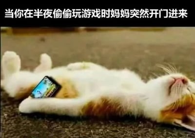 图片中一只橘白相间的猫仰卧在地上，四肢朝上伸展，胸前放着一部正在显示游戏画面的智能手机。图片上方配有文字“当你在半夜偷偷玩游戏时妈妈突然开门进来”，通过猫咪放松的姿态与文字描述的紧张场景形成幽默对比，暗喻被突然抓包时的尴尬与措手不及。
