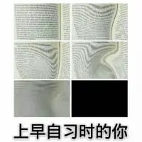 这是一张由六张画面拼接而成的创意梗图，前五张画面依次呈现了从清晰印刷的书页，逐渐扭曲、模糊的书页，视觉效果不断下降，最后一张画面变为纯黑色。画面底部配有文字“上早自习时的你”，用视觉的渐变模糊到完全黑暗，精准模拟了学生在早自习时犯困，视线逐渐模糊，最终睡着失去意识的状态，完美还原了学生早自习犯困的真实体验，极易引发学生群体的共鸣。