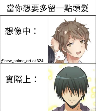 这是一张四格漫画风格的动漫梗图，通过对比展现了人们想留更多头发时的理想与现实差距。上方标题为"當你想要多留一點頭髮"，左上角写着"想像中："，旁边是一个有着蓬松棕色头发、自信微笑的动漫男生；左下角写着"實際上："，旁边是一个头发短而平直、刘海遮住眼睛的动漫男生。