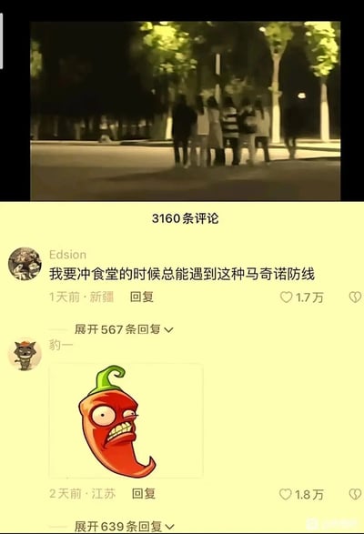 这是一张来自皮皮搞笑平台的社交媒体评论截图，上方呈现了夜晚户外道路上一群人聚集挡路的画面，下方是两条引发共鸣的热门评论。用户Edsion用军事术语“马奇诺防线”调侃冲食堂时遇到的挡路人群，精准戳中学生赶去食堂吃饭却被阻挡的心情，该评论获得1.7万点赞；用户豹一则发送了《植物大战僵尸》中愤怒咬牙的火爆辣椒表情包，用游戏角色的烦躁表情来对应着急的情绪，获得1.8万点赞，整体内容充满校园生活的搞笑共鸣，用梗和表情包生动表达了学生冲食堂的急切与无奈。