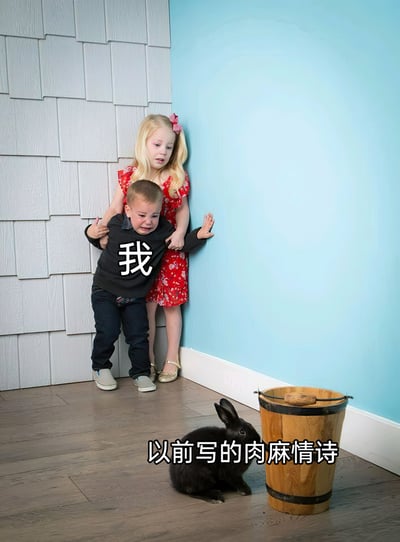 这是一张经过文字改编的真人表情包，图中崩溃大哭的小男孩被标注为“我”，他被身后的小女孩护在墙角，身体姿态充满抗拒与逃避感；画面下方的黑兔子和木桶被标注为“以前写的肉麻情诗”。整个场景生动地比喻了当自己回看过去写下的肉麻情诗时，内心充满强烈羞耻、想要逃离的社死心情，用孩童的夸张反应放大了这种尴尬、难为情的情绪，十分贴合网友自嘲时的心理状态。