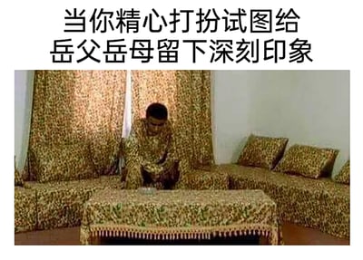 这是一张充满搞笑氛围的网络梗图，画面上方配有文字“当你精心打扮试图给岳父岳母留下深刻印象”，下方的实景画面中，一名男子穿着和客厅沙发套、茶几桌布完全同款花纹的衣服，蹲在茶几前，他的衣着与周围家居装饰完美融合，形成了强烈的视觉错位效果，仿佛“隐身”在了家具之中。这一画面调侃了人们在见长辈时，想要努力留下好印象却用力过猛、弄巧成拙的尴尬社死场景，用夸张的视觉反差制造出滑稽的笑点，很容易引发网友对类似尴尬经历的共鸣。