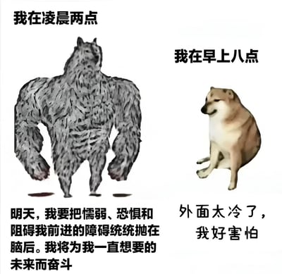 这张梗图通过左右对比的方式，展示了人们深夜与清晨的巨大反差。左侧凌晨两点的画面中，一个肌肉发达的怪物形象配上充满斗志的文字：'明天，我要把懦弱、恐惧和阻碍我前进的障碍统统抛在脑后。我将为我一直想要的未来而奋斗'；右侧早上八点的画面中，一只可爱的柴犬配上胆怯的文字：'外面太冷了，我好害怕'。这种强烈的对比幽默地表现了人们深夜踌躇满志与清晨现实退缩的矛盾心理。