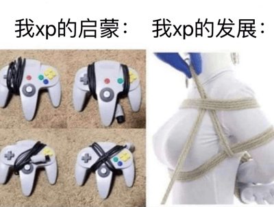 这是一张左右对比图，左侧展示了四个任天堂64游戏手柄，它们的线缆被以不同方式捆绑；右侧则是一个人的腿部，用绳子以类似的方式捆绑。图片上方配有文字"我xp的启蒙："和"我xp的发展："，通过游戏手柄线缆捆绑与人体绳子捆绑的视觉相似性，形成一种关于个人偏好发展的幽默比喻。