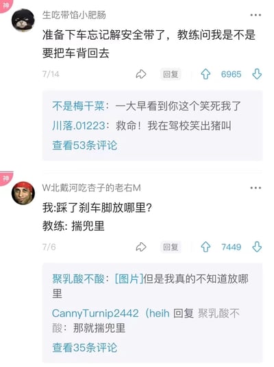 图片为两张社交媒体帖子截图，内容均为驾校学员分享与教练的搞笑互动。第一张帖子来自用户“生吃带馅小肥肠”，讲述准备下车时忘记解安全带，教练调侃“是不是要把车背回去”，获6965点赞；第二张帖子来自用户“W北戴河吃杏子的老右M”，学员问踩刹车后脚放哪里，教练幽默回复“揣兜里”，获7449点赞。评论区网友纷纷表示被逗笑，如“一大早看到你这个笑死我了”“在驾校笑出猪叫”。整体风格轻松幽默，展现了驾校学习中的趣味瞬间。