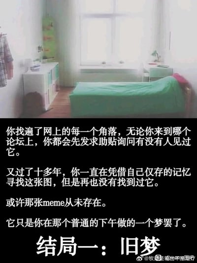 这是一张图文混排的meme作品，上半部分是一张风格朴素的房间静态图，图中可见铺着绿色床单的床、带储物空间的柜子、窗户，整体氛围带有怀旧感；下半部分为黑色背景搭配白色文字，讲述了一段充满网络迷思的故事：“你”花费多年时间在网络各个角落寻找这张图，在论坛发布求助帖询问，十多年过去仅凭残存记忆寻找却始终无果，最后猜测这张meme或许从未真实存在，只是某个普通下午做的一场梦，整体营造出一种关于记忆偏差、网络虚幻感的诡异又怅然的氛围。