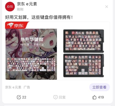 这是一条来自京东平台的e元素品牌商业广告，广告以“好用又划算，这些键盘你值得拥有！”为宣传语，主推印有二次元女性角色图案的热升华键帽。广告图中明确标注该键帽为PBT材质，具备不易打油的特点，同时展示了多组键帽的整体样式以及收纳状态的键帽套装，整体风格贴合二次元ACG文化，旨在吸引喜爱个性化电脑配件的用户，广告下方设置了点赞、转发、回复按钮以及“立即查看”的跳转按钮，引导用户点击了解产品详情并进行购买。