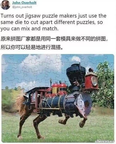 这是一张趣味社交媒体内容截图，上方是推特用户John Overholt的发文，科普了拼图厂家会使用同一套模具生产不同拼图的冷知识，指出因此可以将不同拼图混搭拼接；下方则是用不同拼图混搭出来的成品——马的身体拼接上火车头的前部，形成了荒诞搞笑的“马身火车”，用实际成品印证了发文的说法，画面充满趣味和反差感。