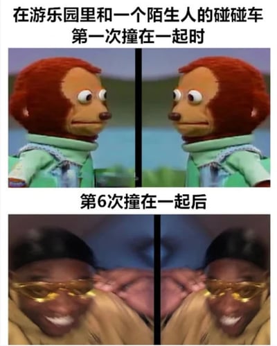 这是一张四格拼接梗图，展示了在游乐园玩碰碰车时与陌生人从初次碰撞到第六次碰撞的情绪变化。上半部分是两个木偶角色尴尬对视的画面，配文'在游乐园里和一个陌生人的碰碰车第一次撞在一起时'；下半部分是戴着金色眼镜的人露出夸张笑容的画面，配文'第6次撞在一起后'。通过前后对比幽默地表现了陌生人之间从拘谨到熟悉的有趣转变。