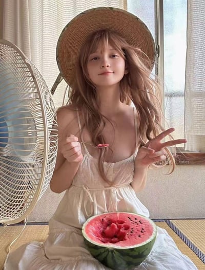一位年轻女孩戴着宽边草帽，穿着白色吊带连衣裙，坐在铺有榻榻米的房间里。她左手拿着一勺西瓜，右手比出剪刀手，面前放着半个切开的西瓜。左侧有一个白色电风扇，背景是带有白色窗帘的窗户，整体营造出轻松惬意的夏日氛围。