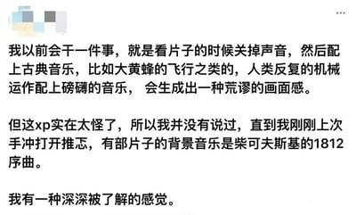 图中是一段个人经历分享：作者曾有个奇怪习惯——看片子时关掉声音，配上《大黄蜂的飞行》等古典音乐，让人类机械重复的动作与磅礴旋律碰撞出荒谬画面感。因觉得这种“xp”（特殊癖好）太怪而从未言说，直到某次发现某部片子竟用柴可夫斯基《1812序曲》作背景音乐，瞬间产生“被深深理解”的共鸣。文本中“推忑”疑为“推特”的谐音表述，整体充满自嘲与意外共鸣的趣味。