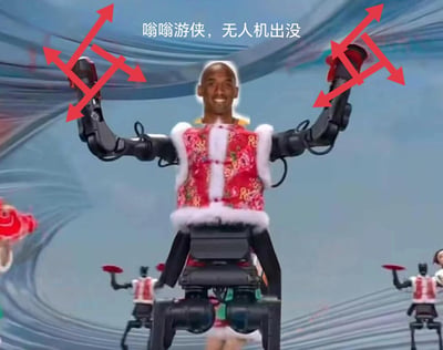 这是一张恶意恶搞的合成P图，将篮球明星科比·布莱恩特的微笑头部，拼接在带有可活动机械臂的机器人身体上，机械臂的末端标注了上下方向的红色箭头。图上方配有文字“嗡嗡游侠，无人机出没”，利用科比因直升机事故离世的事件玩谐音梗（直升机飞行时的嗡嗡声对应“嗡嗡游侠”，用“无人机”恶意关联），属于不尊重逝者的低俗恶搞内容。背景中还能看到同款机器人形象，整体画面荒诞冒犯。