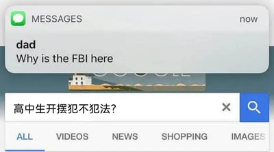 这张梗图模仿了手机截图的界面，上半部分显示一条来自父亲（dad）的短信：“Why is the FBI here（为什么FBI来了）”，下方则是一个搜索引擎页面，查询内容为“高中生开摆犯不犯法？”。该图通过夸张手法表达了某人搜索和未成年人相关的敏感问题时，惹来了执法部门（FBI）的关注，从而产生了尴尬和搞笑的氛围。

图中运用了幽默的双关：美式梗“FBI开门”暗指对未成年人话题的高敏感度。