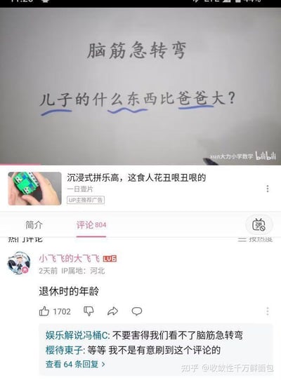 图片展示了一个脑筋急转弯问题："儿子的什么东西比爸爸大？"，下方是bilibili视频的评论区截图。高赞评论（1702赞）由用户"小飞飞的大飞飞"给出答案："退休时的年龄"。画面上方有问题文字，中间有广告条，下方是评论区互动内容。这是一个利用文字游戏制造幽默效果的问答类内容，通过意想不到的答案（退休年龄）形成笑点。