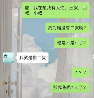 这是一张微信聊天记录的静态截图，背景是带有白色窗帘、云朵和月牙的窗景。对话中，孩子原本想给父亲发消息，却误发给了二叔，先是接连发问自己为何没有二叔，还猜测二叔是不是去世了，当对方回复自己就是二叔后，孩子又下意识追问那自己的父亲是不是去世了，整个对话充满了乌龙和尴尬，是典型的发错消息引发的搞笑家庭场景，让人忍俊不禁。