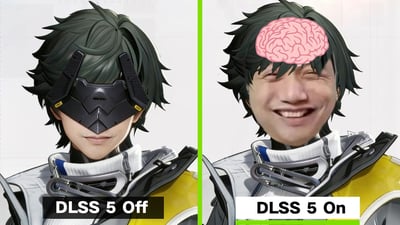 这是一张遵循DLSS 5 ON梗玩法的左右对比玩梗图，左图底部标注文字“DLSS 5 Off”，内容为游戏《绝区零》角色浅羽悠真的原始半身立绘，角色佩戴黑色面罩遮挡上半张脸，发型为深绿色碎发，身着游戏内的配色服饰，保持原角色的正常形象；右图底部标注文字“DLSS 5 On”，在相同发型服饰的基础上，原角色的脸部被替换为一张眯眼大笑的真人男性笑脸，额头还被P上了一个粉色的人脑图案，通过夸张的反差对比，玩梗讽刺AI过度修图、AI渲染让原本形象完全失真的现象。