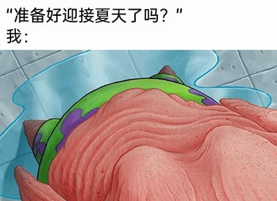 这是一张引发情绪共鸣的梗图，采用图文结合的形式呈现。画面上方是两行文字，第一行是他人或旁白的提问：“准备好迎接夏天了吗？”，第二行是“我：”，引出下方的动画角色画面。下方是美国动画《海绵宝宝》中的角色派大星，它将自己紧紧蜷缩成一团，身上的皮肤皱巴巴的，面部被完全遮挡，无法看清具体表情，但整体姿态传递出强烈的抗拒、逃避的情绪。这张梗图用派大星的这个形象，生动地表达了很多人面对夏天到来时的真实心态：可能因为害怕炎热的天气、不想暴露身材产生焦虑，或是还没做好迎接夏天的准备，于是用这种蜷缩逃避的状态来回应，精准戳中大众对夏天又爱又怕的复杂情绪，容易引发网友的共鸣。