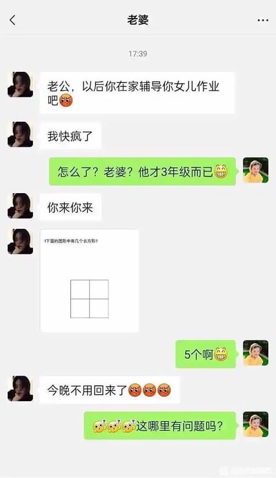 这是一张夫妻间的聊天记录截图，妻子因辅导三年级女儿作业感到崩溃，将一道长方形计数题发给丈夫。题目为“下面的图形中有几个长方形？”并附带一个2x2的网格图形。丈夫自信回答“5个啊”，结果妻子愤怒回复“今晚不用回来了😡😡😡”，丈夫一脸困惑询问“这哪里有问题吗？”。

**数学题解析**：图中2x2网格的长方形数量正确答案应为9个（4个1x1小长方形、4个1x2或2x1长方形、1个2x2大长方形），丈夫漏数了4个由两个小长方形组成的长方形和1个大长方形，仅数出4个小的和1个大的共5个，因此引发妻子不满。