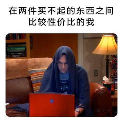 这是一张搞笑梗图，图上方配有文字“在两件买不起的东西之间比较性价比的我”，图中是美剧《生活大爆炸》里的角色谢尔顿·库珀，他用毛巾裹住头部，一脸严肃专注地盯着面前的红色笔记本电脑。这个形象生动地还原了普通人明明买不起两件商品，却依然投入且认真地对比它们性价比的滑稽又真实的状态，精准戳中了人们在消费时的有趣心态，引发共鸣。