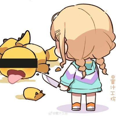 插画中一个扎着双马尾的卡通女孩，穿着蓝紫色渐变连帽衫和橙色鞋子，手持一把刀，正低头看着地上的黄色生物。该生物眼睛被黑色长条遮挡，舌头伸出，身体周围散落着黄色碎屑和疑似液体的物质，呈现出失去意识或死亡的状态。画面整体采用可爱的Q版画风，但内容带有一定的黑暗和暴力暗示。