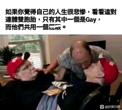 这是一张经过P图改编的静态搞笑梗图，通过视觉错位的拼接方式，将两个坐在轮椅上的人物与一个俯身的人物合成出看似“连体双胞胎”的荒诞画面。图的上方配有文字：“如果你觉得自己的人生很悲惨，看看这对连体双胞胎，只有其中一个是Gay，而他们共用一个屁股”，该内容设定了一个极其尴尬且离谱的虚构困境，以黑色幽默的方式调侃那些认为自己人生不顺的人，用夸张荒诞的情节来消解负面情绪，属于典型的网络自嘲类梗图，通过制造离谱的笑点来达到安慰和娱乐的效果。