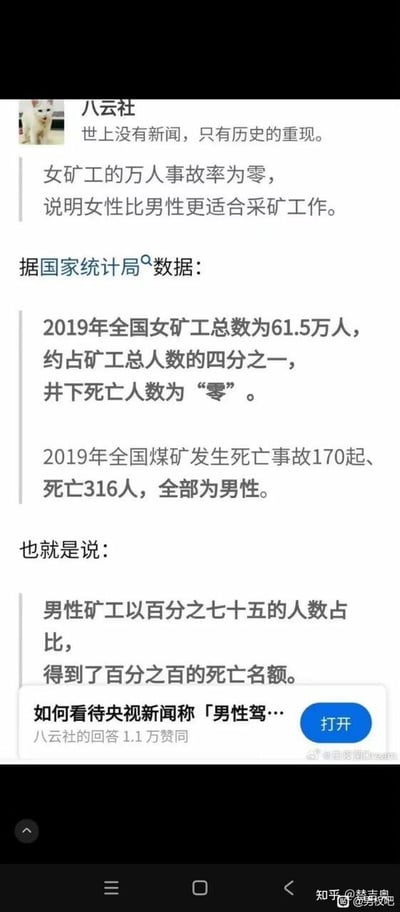 这是一张社交媒体帖子截图，用户“八云社”发布内容称“女矿工的万人事故率为零，说明女性比男性更适合采矿工作”，并引用国家统计局数据：2019年全国女矿工61.5万人（占四分之一），井下死亡人数为零；同期全国煤矿死亡事故170起、死亡316人全部为男性，据此得出“男性矿工以75%人数占比得到100%死亡名额”的结论。

**数据解读争议**：该结论存在逻辑漏洞，井下死亡人数为零可能与女矿工主要从事井上辅助工作、较少参与高风险井下作业有关，而非女性更适合采矿工作，属于对统计数据的片面解读。