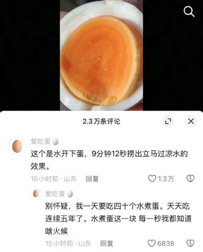 图片上半部分是一个被切开的水煮蛋特写，蛋白洁白光滑，蛋黄呈现出完美的橙黄色，熟度适中，没有流心也不过老。下半部分是社交媒体的评论区截图，显示有2.3万条评论，其中置顶评论来自用户“爱吃蛋”，详细分享了煮出这种效果的方法：“水开下蛋，9分钟12秒捞出立马过凉水”，并补充道自己“一天吃四十个水煮蛋，连续五年，对煮蛋火候了如指掌”。整体内容围绕“如何煮出完美溏心蛋”展开，评论区的夸张表述带有一定的幽默和炫耀感。