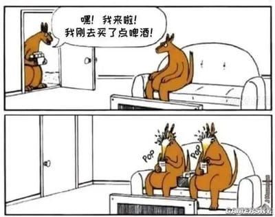 这是一幅两格搞笑连环漫画。第一格中，一只袋鼠推开房门，手里拿着啤酒罐，兴奋地对坐在沙发上的另一只袋鼠说：“嘿！我来啦！我刚去买了点啤酒！”。第二格中，两只袋鼠并肩坐在沙发上，手中的啤酒罐突然爆炸，冒出白色泡沫，旁边配有“POP”的拟声词，画面充满意外的幽默效果。