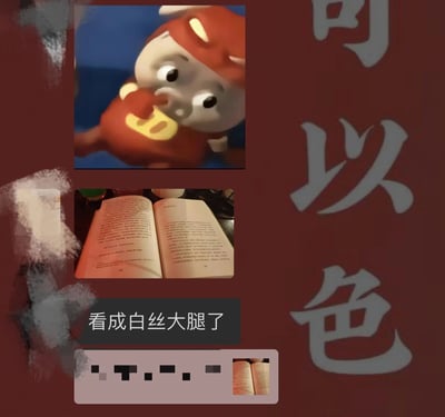 图片由三部分内容纵向拼接而成，背景为暗红色。上方是一个红色卡通角色，有着白色面部和肚皮，黄色口袋图案，表情惊讶地歪头注视；中间是一本打开的书页特写，因光影和排版角度，被调侃“看成白丝大腿了”，下方配有黑色背景白字的该句注释；右侧竖排分布着灰色大字“可以色”。整体通过视觉错位制造搞笑误会，属于典型的网络梗图。