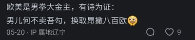 这是一张社交媒体用户发布的内容截图，发布时间为05-20，IP属地标注为辽宁。内容以“欧美是男拳大金主，有诗为证”引出改编自李贺《南园十三首·其五》的诗句，将原句“男儿何不带吴钩，收取关山五十州”谐音改编为“男儿何不卖吾勾，换取昂撒八百欧”，其中“卖吾勾”是“卖屁股”的谐音，以此进行趣味调侃，末尾搭配一个坏笑的表情符号，强化了调侃的戏谑语气。