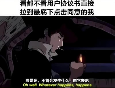 这张梗图上方配有文字“看都不看用户协议书直接拉到最底下点击同意的我”，下方是一个动画人物形象，他嘴里叼着烟，手里拿着点燃的火柴，表情平静而略带无奈。图片底部还有文字“喔是吧，不管会发生什么，由它去吧”及其英文翻译“Oh well. Whatever happens, happens.”。该图通过动画人物的淡定表情和文字内容，幽默地展现了人们在面对冗长的用户协议时，通常不阅读内容就直接同意的普遍现象，带有自嘲和无奈的意味。