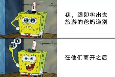 这是一张上下拼接的对比梗图，采用动画《海绵宝宝》的角色截图进行改编。上半部分的海绵宝宝皱着眉头、嘴角下撇，做出敬礼的动作，配文‘我，跟即将出去旅游的爸妈道别’，呈现出不舍难过的状态；下半部分的海绵宝宝摘下了脸上的假眼睛道具，露出兴奋大笑的表情，配文‘在他们离开之后’，展现出极度开心的反差。图中通过角色的表情、动作反差，生动调侃了孩子在父母出门旅游时，表面故作不舍、实则内心狂喜，终于获得自由的真实心态，充满家庭日常的搞笑趣味。