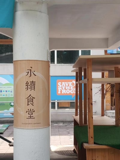 这是一张实地拍摄的线下场景照片，画面左侧的白色立柱上套着木质标识，印有繁体文字「永續食堂」及英文「Sustainable canteen」，明确这是主打可持续饮食理念的食堂区域。画面右侧是多层木质置物架，背景中可见带有橙色边框的蓝色宣传牌，上面写着英文「SAVE THE FROGS!」，同时还有其他环保主题的指引海报。整体场景传递出倡导可持续生活、保护生态的正向理念，图中没有双关、谐音梗或暗示内容。