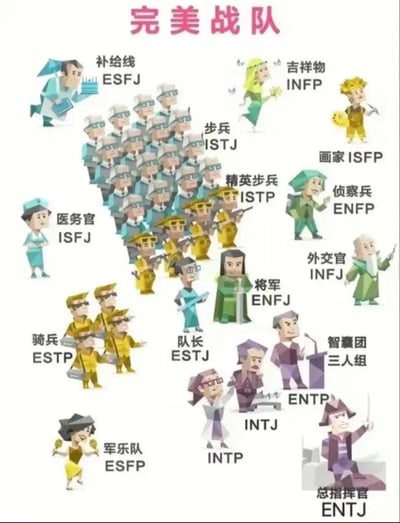 这是一张以MBTI十六型人格为主题的趣味梗图，顶部用粉红色字体标注标题“完美战队”，将16种MBTI人格分别对应到虚拟作战战队的不同岗位，搭配低多边形风格的卡通人物形象展示：人数最多的ISTJ对应步兵、ISTP对应精英步兵，ESFJ对应补给线，ISFJ对应医务官，ESTP对应骑兵，ESFP对应军乐队，ESTJ对应队长，ENFJ对应将军，INFP对应吉祥物，ISFP对应画家，ENFP对应侦察兵，INFJ对应外交官，INTP、INTJ、ENTP三人组成智囊团，ENTJ对应总指挥官，岗位分配贴合大众对各MBTI人格的普遍特质认知，用趣味化的方式演绎不同人格的差异特点。