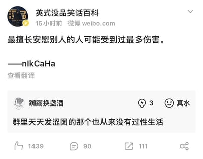 这是一张微博截图，原博用户「英式没品笑话百科」发布了一句扎心文案：「最擅长安慰别人的人可能受到过最多伤害。」，网友「踟蹰换盏酒」在评论区补刀：「群里天天发涩图的那个也从来没有过性生活」，呼应原博「越热衷某件事，背后对应着自身缺失」的逻辑，用反向反差的玩梗方式制造搞笑效果，戳中不少人的笑点。