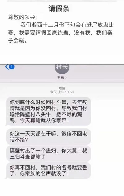 这是一张由两部分组成的趣味图文内容，上半部分是员工写给领导的请假条，以湘西十二月份下旬有赶尸放蛊比赛为由，向领导请假回家练蛊，称没有自己寨子会输；下半部分是村长发来的四条短信，语气急切地催促该员工回村斗蛊，提及去年因员工未回村，村子输给隔壁村八头牛和大量鸡鸭，威胁今年再输就从员工家牵走牲畜，还提到隔壁村出现厉害的蛊妇，员工的长辈们斗蛊都已落败，再不回村会丢掉村子和家族的名声。整体内容结合湘西蛊术的民间传说梗，以荒诞幽默的方式调侃职场请假的奇葩理由，充满趣味。