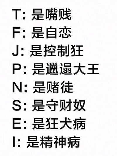 整张图为白底黑字的纯文字构图，没有其他额外图像元素，内容是将MBTI人格测试的8个维度字母分别匹配了夸张化的负面调侃标签，依次为T对应嘴贱、F对应自恋、J对应控制狂、P对应邋遢大王、N对应赌徒、S对应守财奴、E对应狂犬病、I对应精神病，整体风格戏谑直白，属于典型的网络玩梗内容。