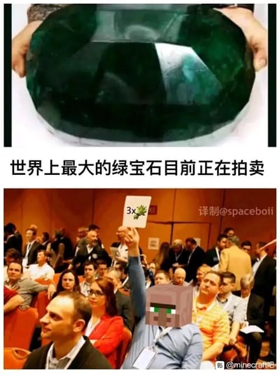 这是一张上下对比的梗图，上半部分展示了一颗巨大的绿宝石，配文'世界上最大的绿宝石目前正在拍卖'；下半部分是一个拍卖会现场，其中一位竞价者的头部被替换成了《我的世界》游戏中的角色头部，他正举着写有'3x'和绿宝石图案的竞价牌。图片通过将现实中的珍贵宝石拍卖与游戏中的绿宝石元素结合，创造出幽默效果。