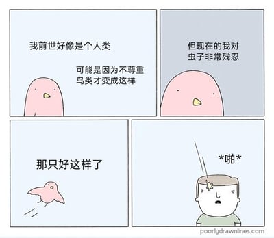 这是一幅来自Poorly Drawn Lines的四格连环卡通漫画，整体画风简洁可爱。第一格中，粉色小鸟平静地诉说自己的猜测：“我前世好像是个人类，可能是因为不尊重鸟类才变成这样”；第二格，小鸟继续坦言“但现在的我对虫子非常残忍”，流露出一种纠结的心态；第三格，小鸟做出决定，说着“那只好这样了”并展翅飞走；第四格，小鸟飞到一个人类男性的头顶，发出“*啪*”的声响，男性瞬间露出震惊、错愕的表情。漫画通过荒诞的转世设定和逻辑反转，制造出幽默效果：小鸟认为自己转世成鸟是对前世不尊重鸟类的惩罚，又因自己捕食虫子而不安，最终选择用攻击人类的方式来“平衡”这种愧疚，这种自欺欺人的奇怪逻辑充满了笑点。