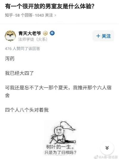 这是一张知乎问答的截图，页面顶部显示问题为“有一个很开放的男室友是什么体验？”，该问题有58个回答、1043人关注。用户“青天大老爷”（简介为法师学徒（火系））的回答获得476人赞同，回答以大四学生的视角回忆大一夏天的宿舍经历：推开六人宿舍门时，看到宿舍里四个人八个头对着自己，用夸张的表述暗喻室友行为开放、毫无避讳的状态，制造出荒诞搞笑的效果。回答末尾配有一张卡通梗图，图中人物头顶树叶，配文“树叶的一生。只是为了归根吗？”，用网络玩梗的方式进一步强化了场景的冲击感与荒诞感，整体内容是对大学男生宿舍开放氛围的趣味调侃。