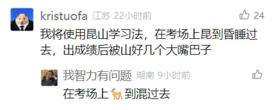 这是一张社交媒体评论区的截图，展示了两条网友针对考场状态的搞笑吐槽评论。来自江苏的用户“kristuofa”自创“昆山学习法”的谐音梗，将“困”谐音为“昆”，调侃自己要在考场上困到昏睡过去，还打趣出成绩后会被打；来自湖南的用户“我智力有问题”则用鹿的表情玩谐音，表达自己要在考场上混日子的摆烂心态，两条评论都以幽默的方式抒发了不想认真应对考试的心情，充满趣味性。